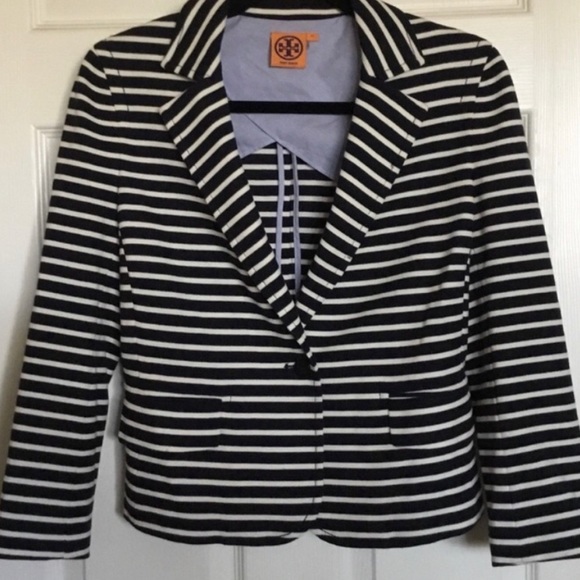 Tory Burch Kamila Blue Striped Double Knit Jacket - Picture 5 of 6